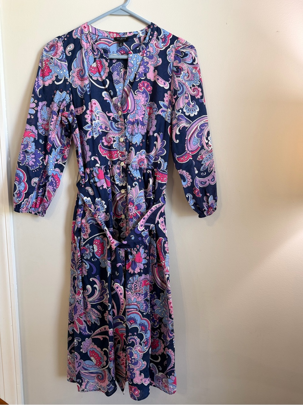 Talbots Women’s 2P Navy Paisley Button Dress Midi Dress with Pink & Lavender